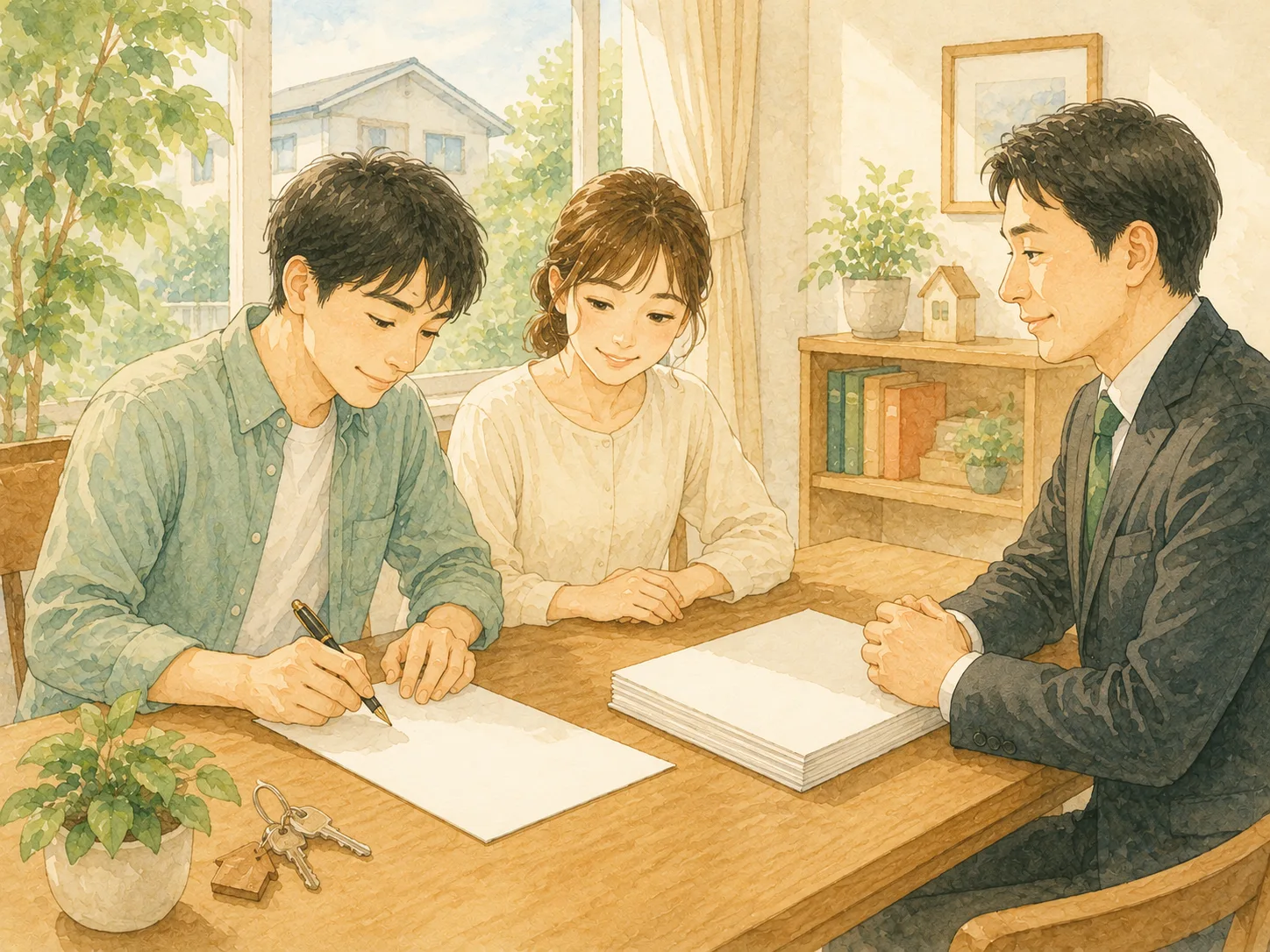 司法書士立ち会いのもと夫婦が書類に署名する水彩イラスト(不動産決済のイメージ)