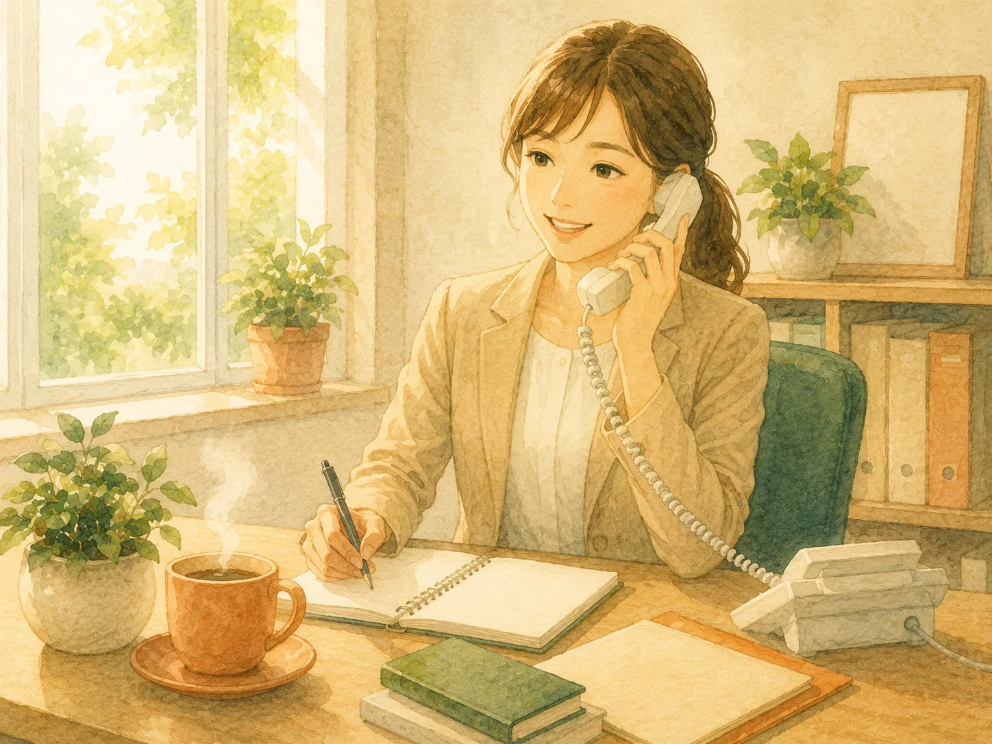 笑顔で電話応対する事務スタッフの水彩イラスト