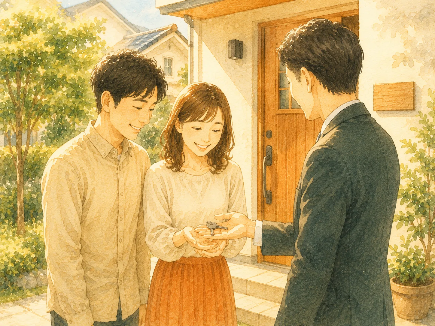 新居の前で鍵を受け取る夫婦の水彩イラスト（名義変更・マイホーム取得のイメージ）