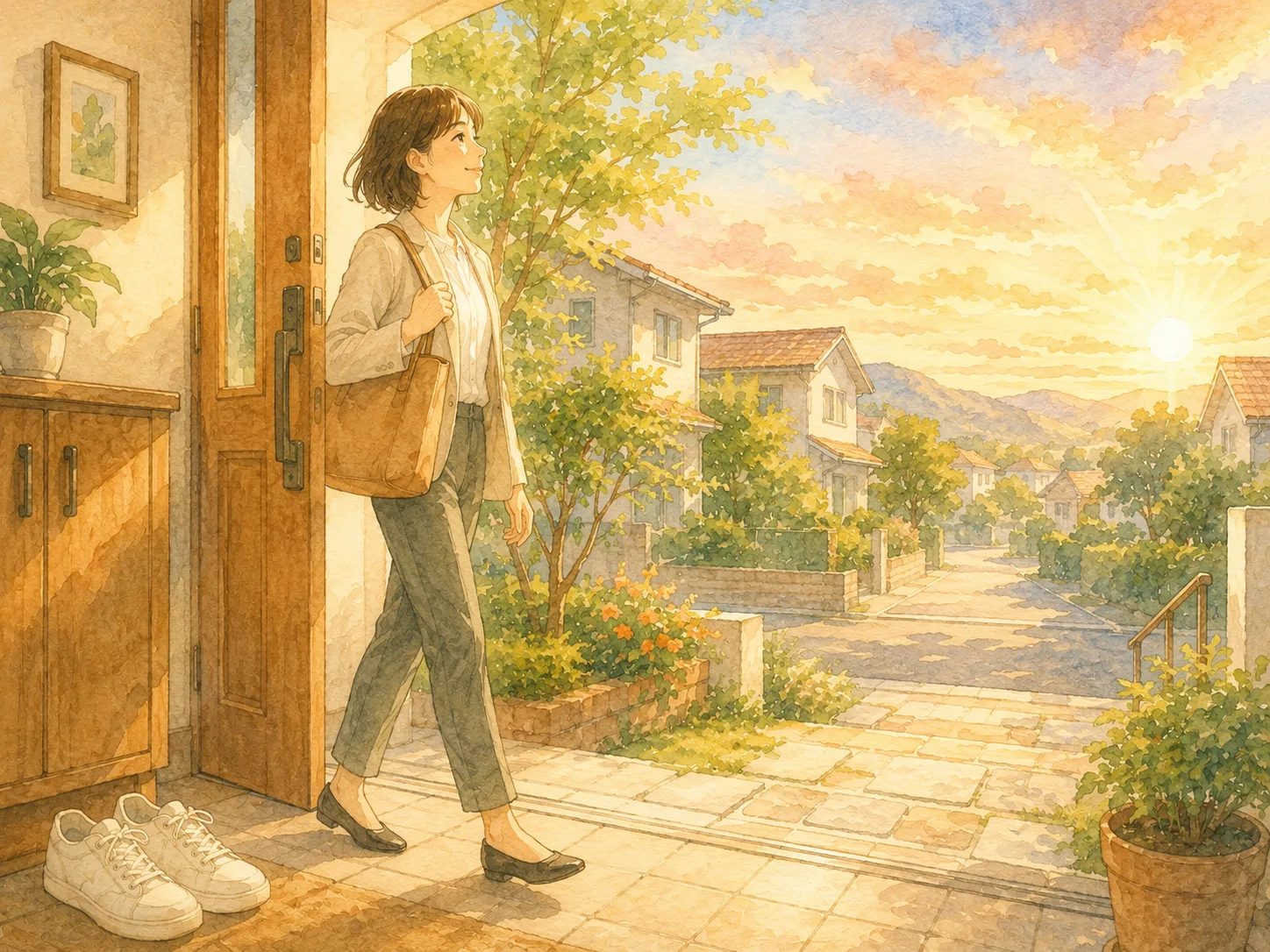 朝日の中、玄関から一歩踏み出す人物の水彩イラスト（再出発のイメージ）