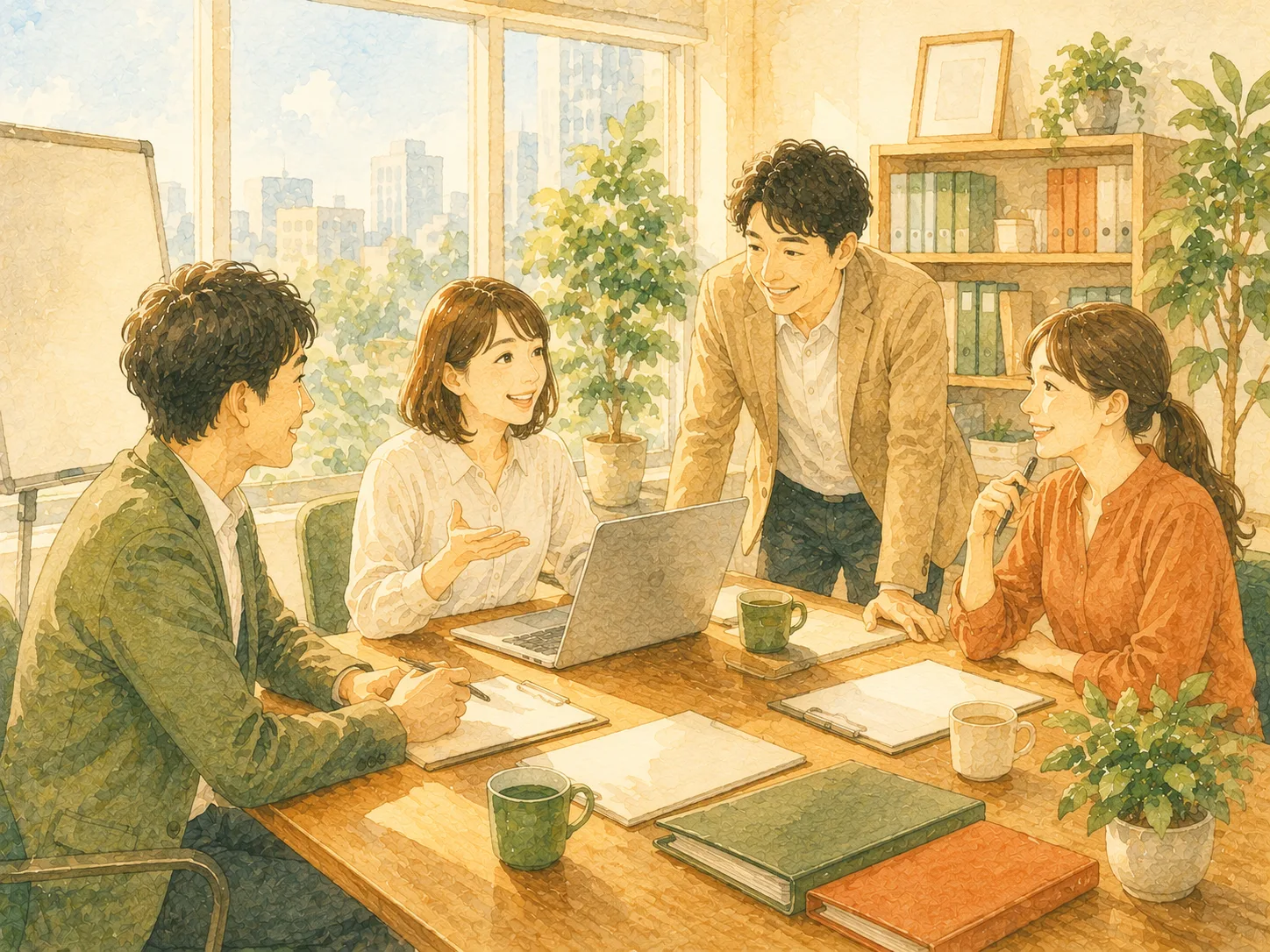 明るいオフィスで打ち合わせをする少人数チームの水彩イラスト（成長する会社のイメージ）