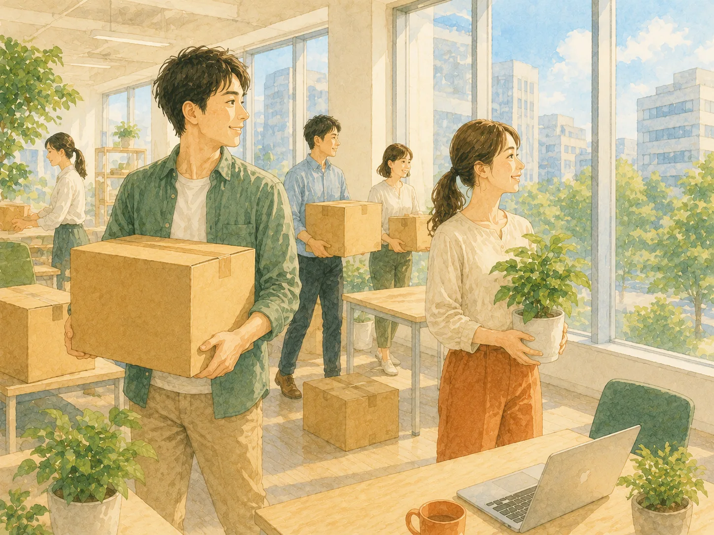 新しいオフィスへ荷物を運び込むチームの水彩イラスト（本店移転のイメージ）