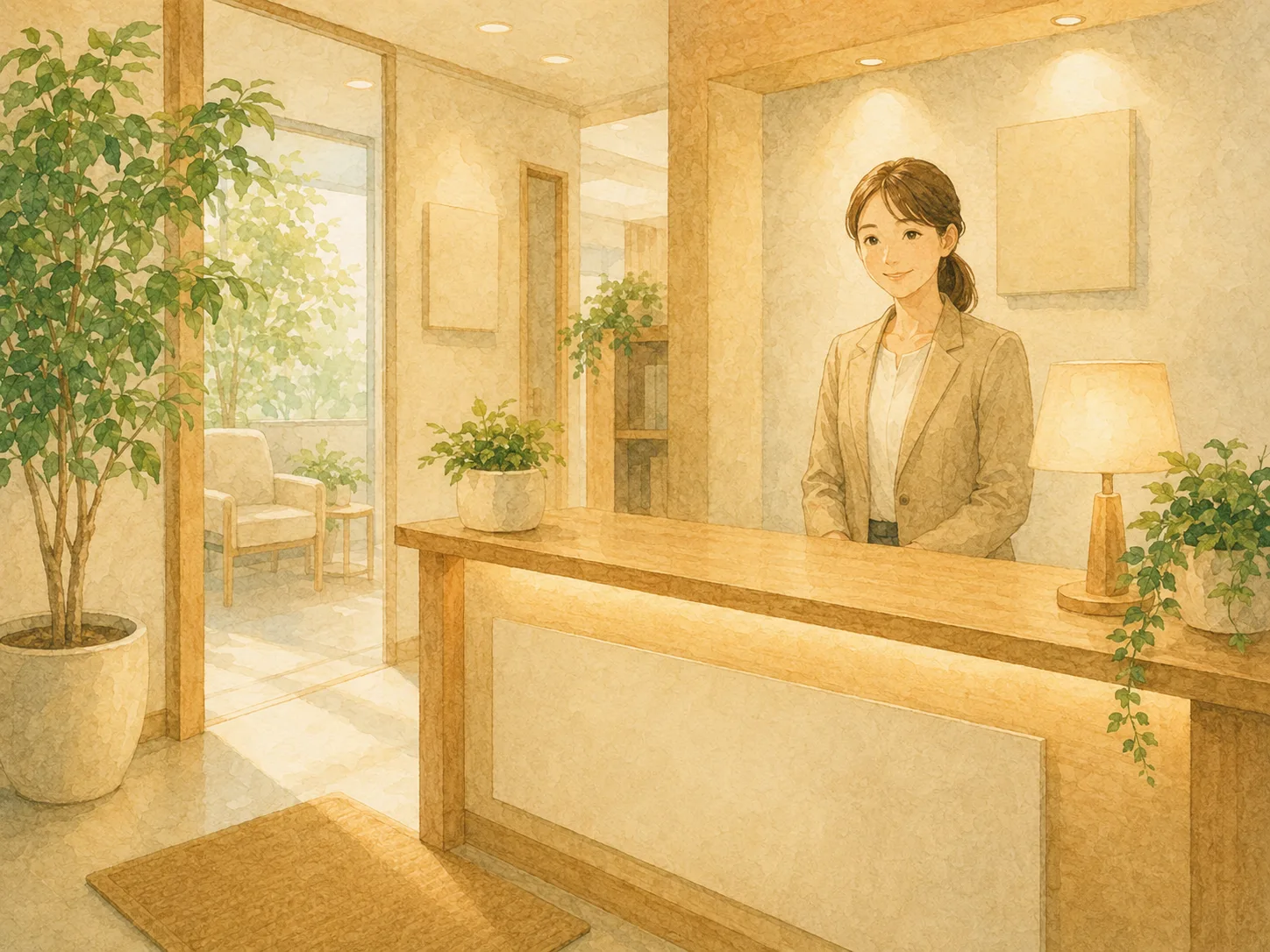 温かく迎える事務所受付の水彩イラスト（イメージ）