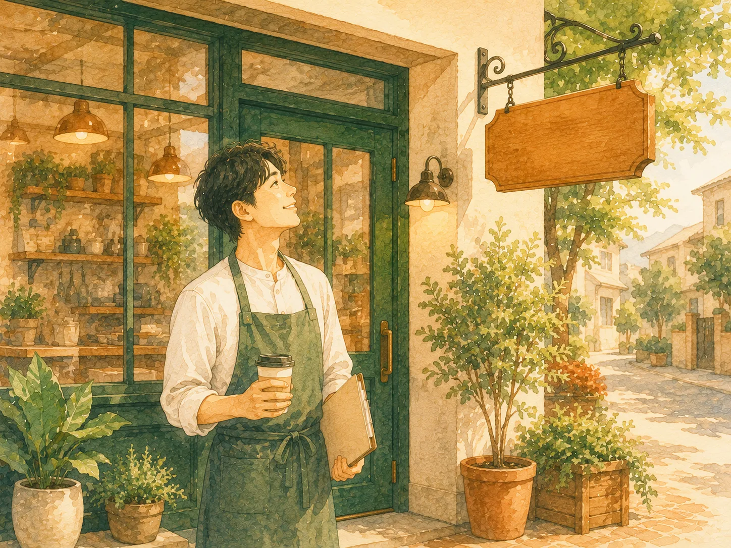開店の朝、自分の店を見上げる若いオーナーの水彩イラスト（起業の門出のイメージ）