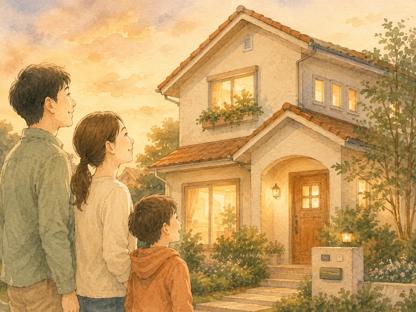 家族が温かい明かりの灯る自宅を見上げる水彩イラスト（マイホームを守るイメージ）
