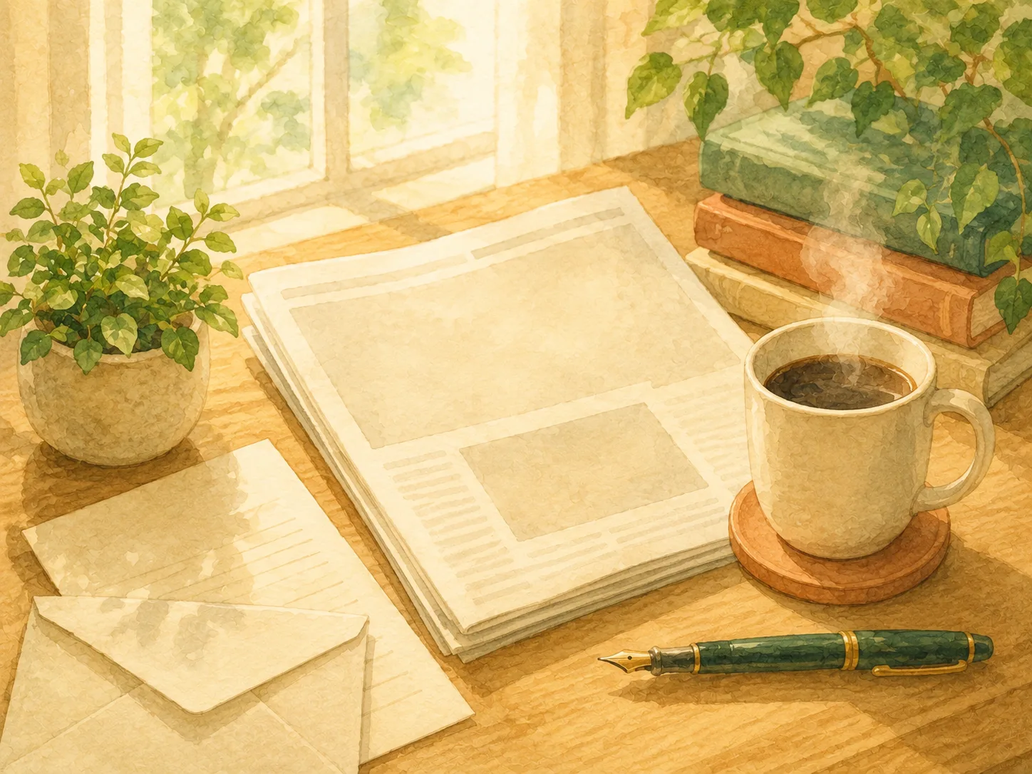 朝のテーブルに置かれた新聞と便箋、コーヒーの水彩イラスト（お知らせ・コラムのイメージ）