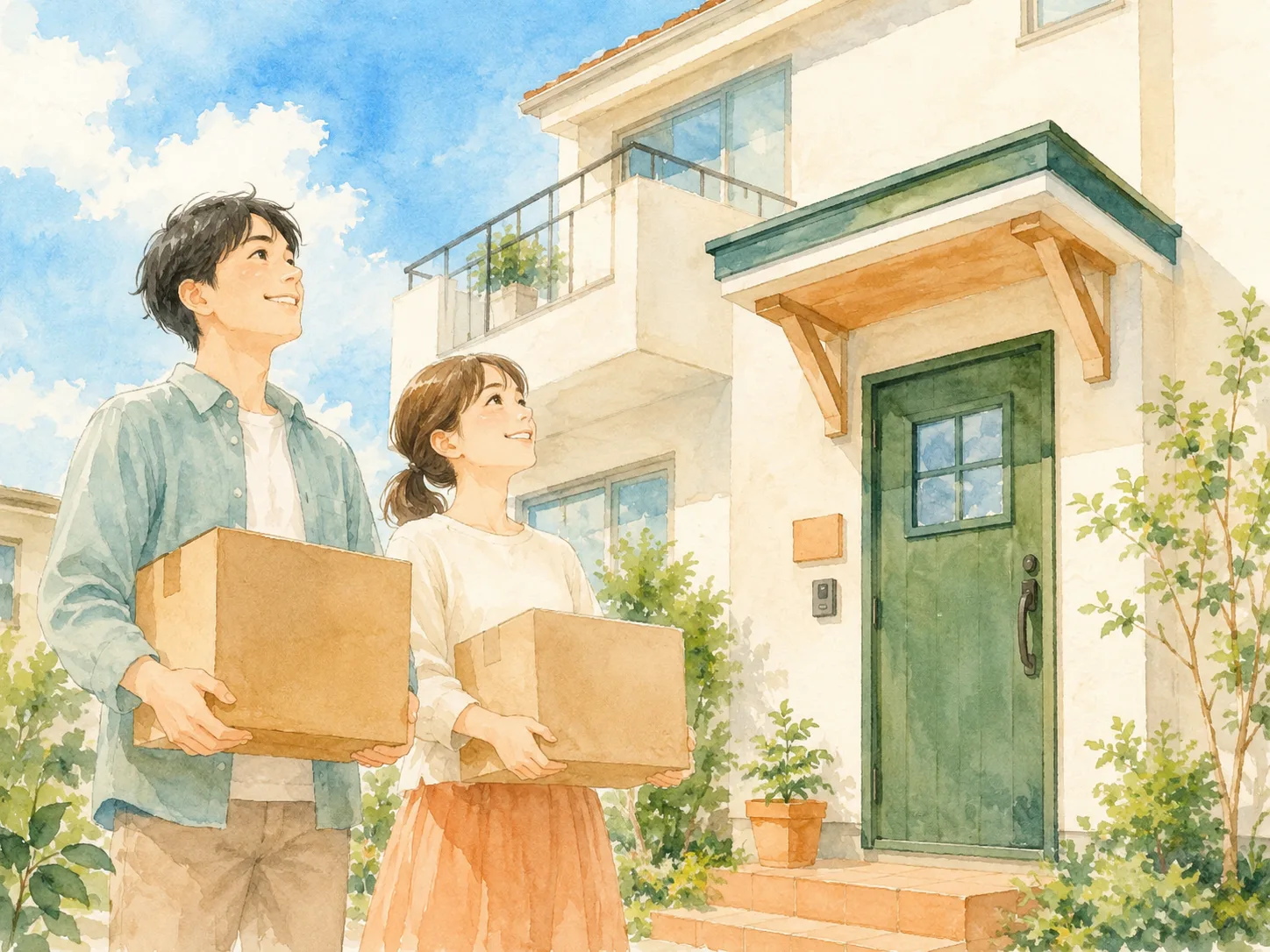 新居の前で段ボールを抱えて見上げる夫婦の水彩イラスト（前向きな新生活のイメージ）