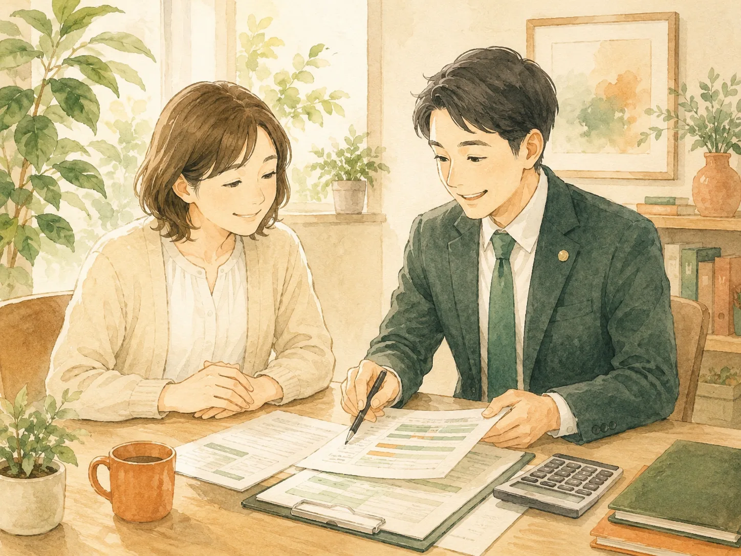 司法書士と相談者が返済計画を一緒に確認している水彩イラスト
