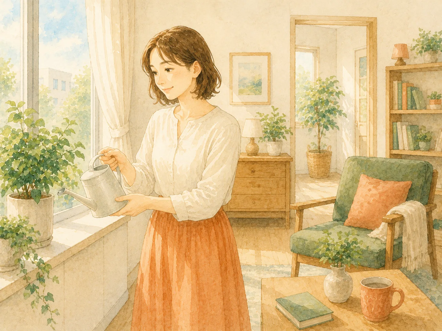 明るい部屋で観葉植物に水をやる女性の水彩イラスト(新しい生活を始めるイメージ)