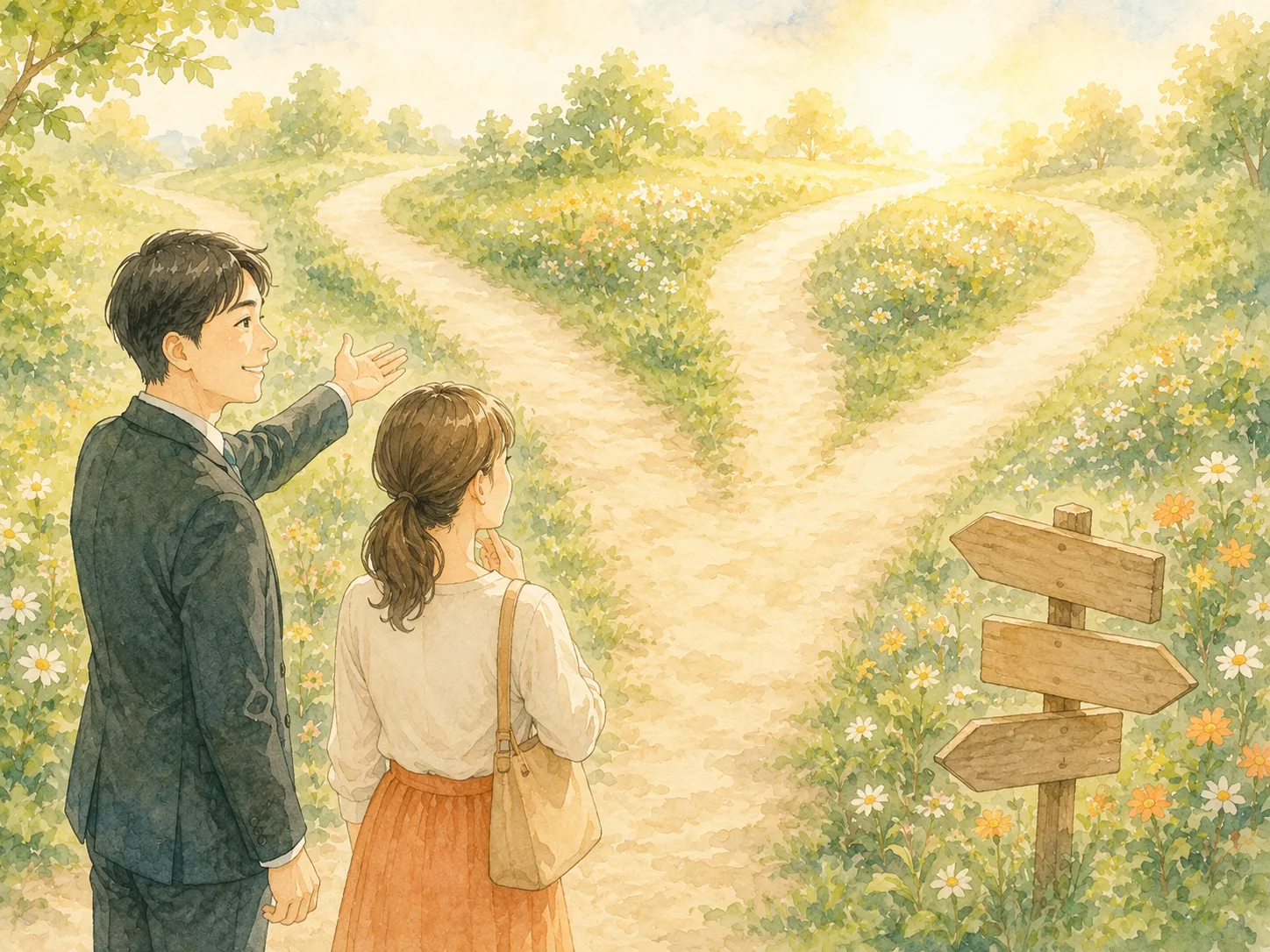 分かれ道の前で司法書士が相談者に道を示す水彩イラスト（最適な手続きを一緒に選ぶイメージ）
