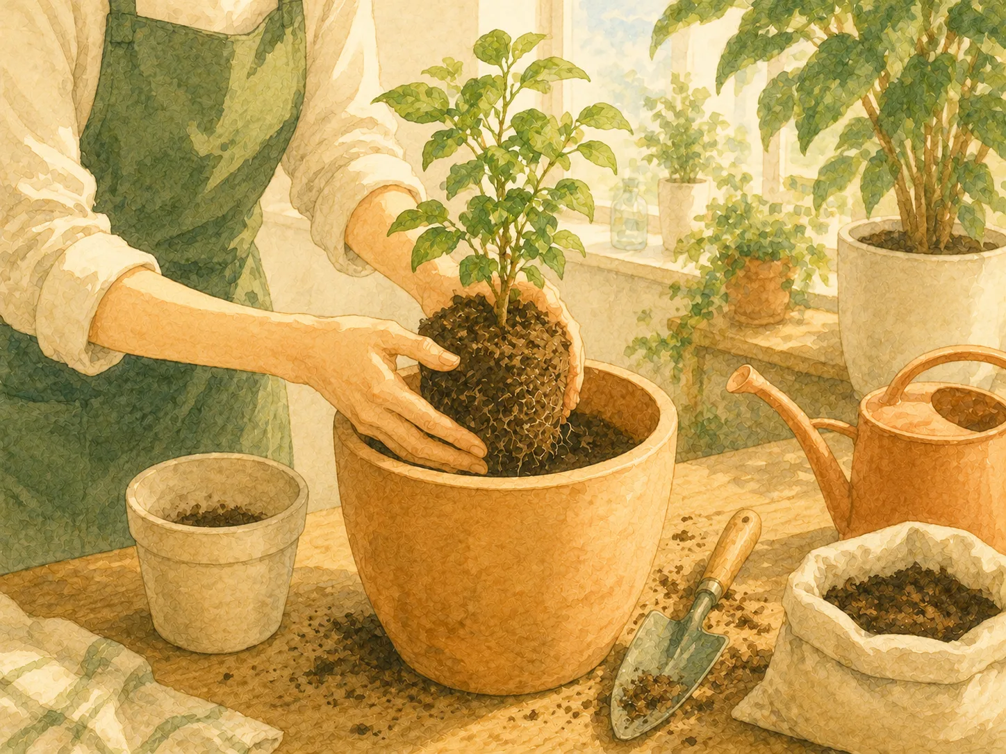 若木を大きな鉢へ植え替える手元の水彩イラスト（成長に合わせて器を整えるイメージ）