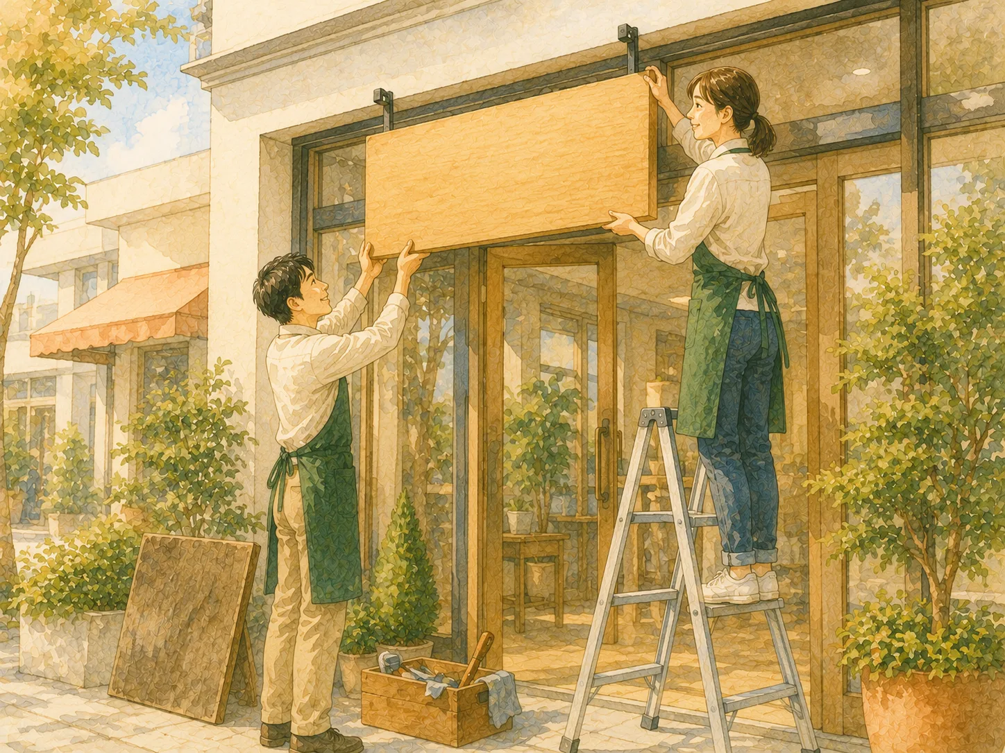 スタッフ2人が新しい看板を掛け替える水彩イラスト（社名・事業の刷新のイメージ）