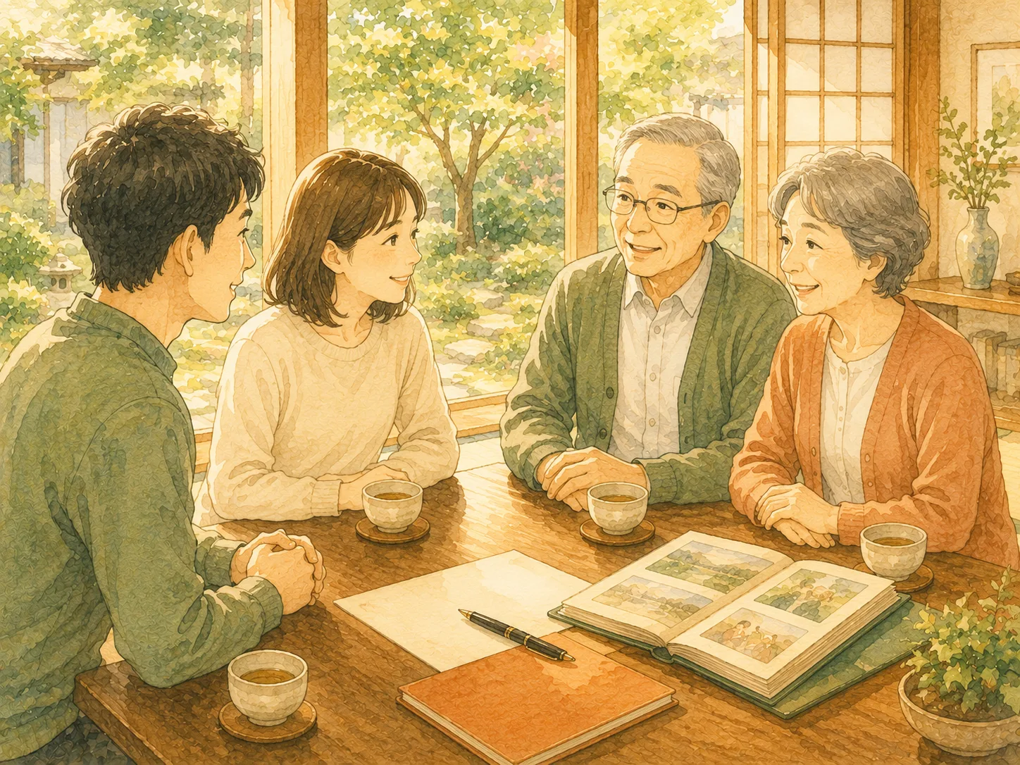 家族三世代が穏やかに話し合う水彩イラスト（想いを次の世代へつなぐイメージ）