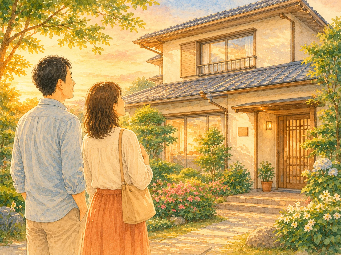 夕暮れの実家を見上げる夫婦の水彩イラスト（受け継いだ家を次につなぐイメージ）