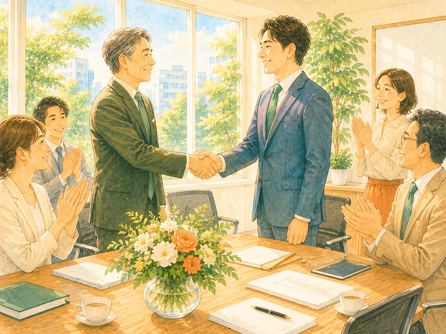 新旧の経営者が握手を交わしチームが見守る水彩イラスト（世代交代・新体制のイメージ）