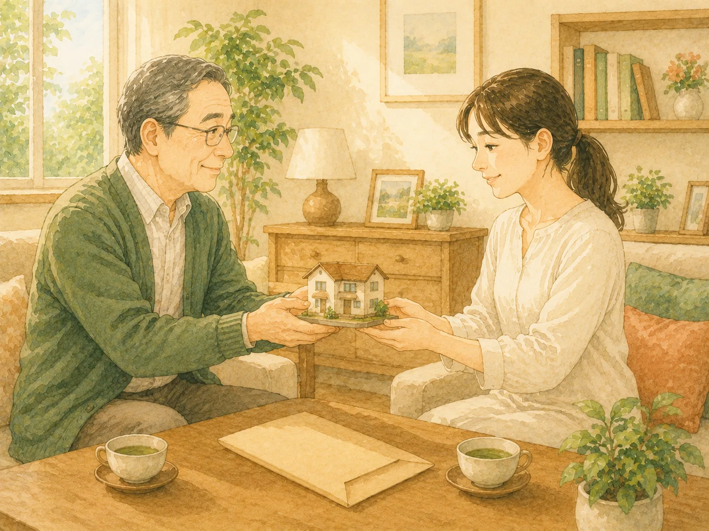 父親が娘に家の模型を手渡す水彩イラスト(家族への贈与のイメージ)